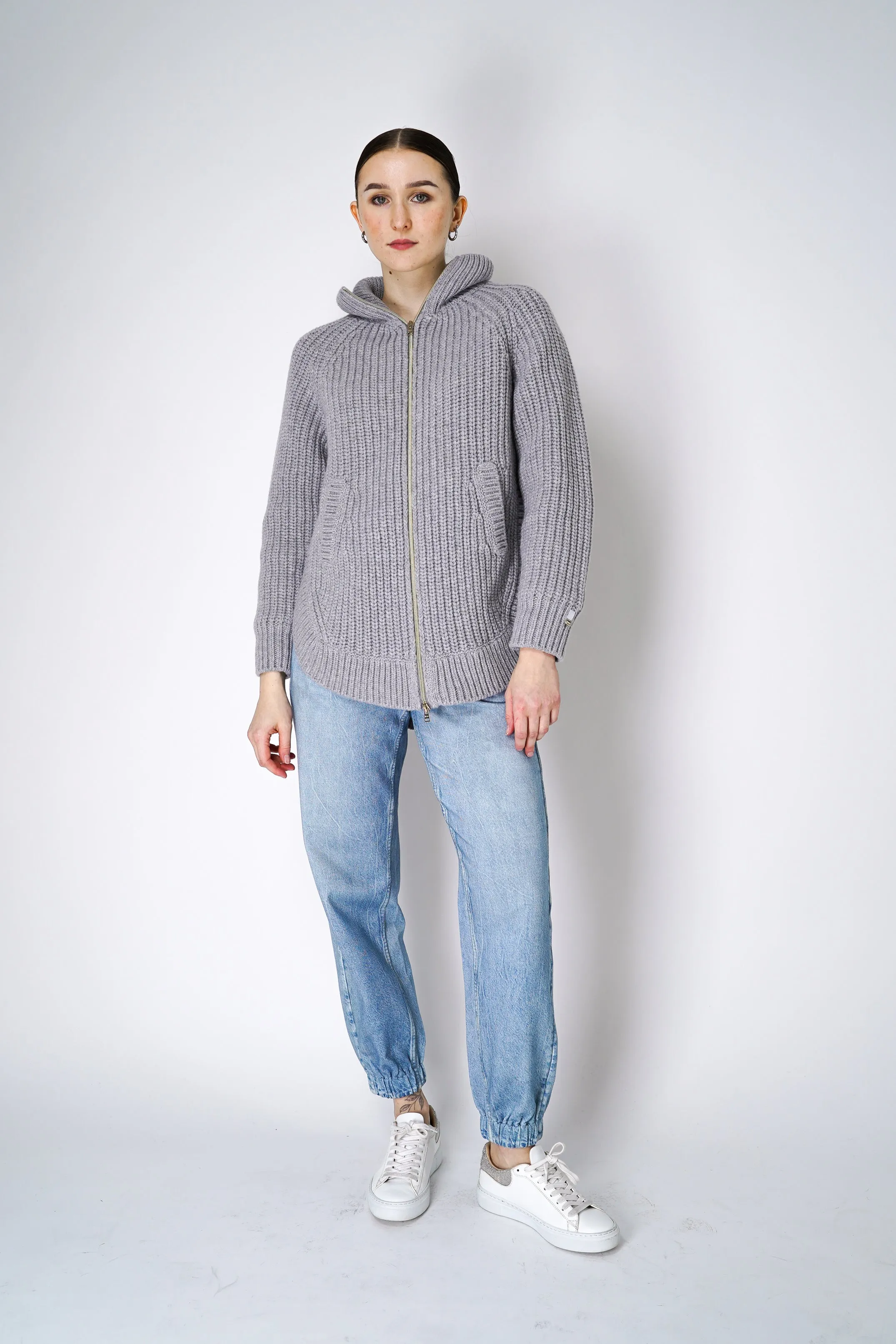 Herno Cable Knit Jacket with Insulated Back in Light Grey
