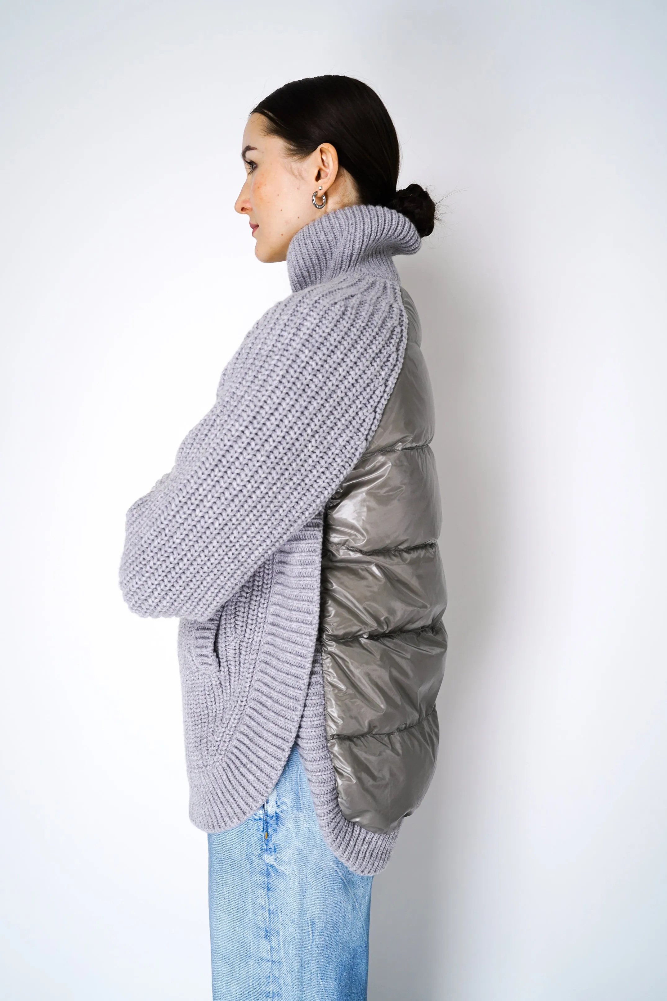 Herno Cable Knit Jacket with Insulated Back in Light Grey