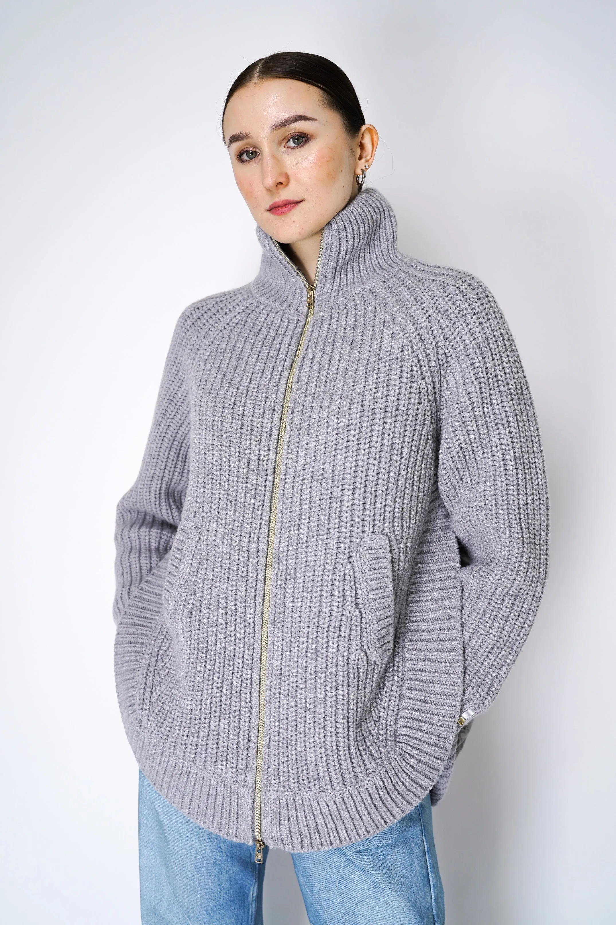 Herno Cable Knit Jacket with Insulated Back in Light Grey