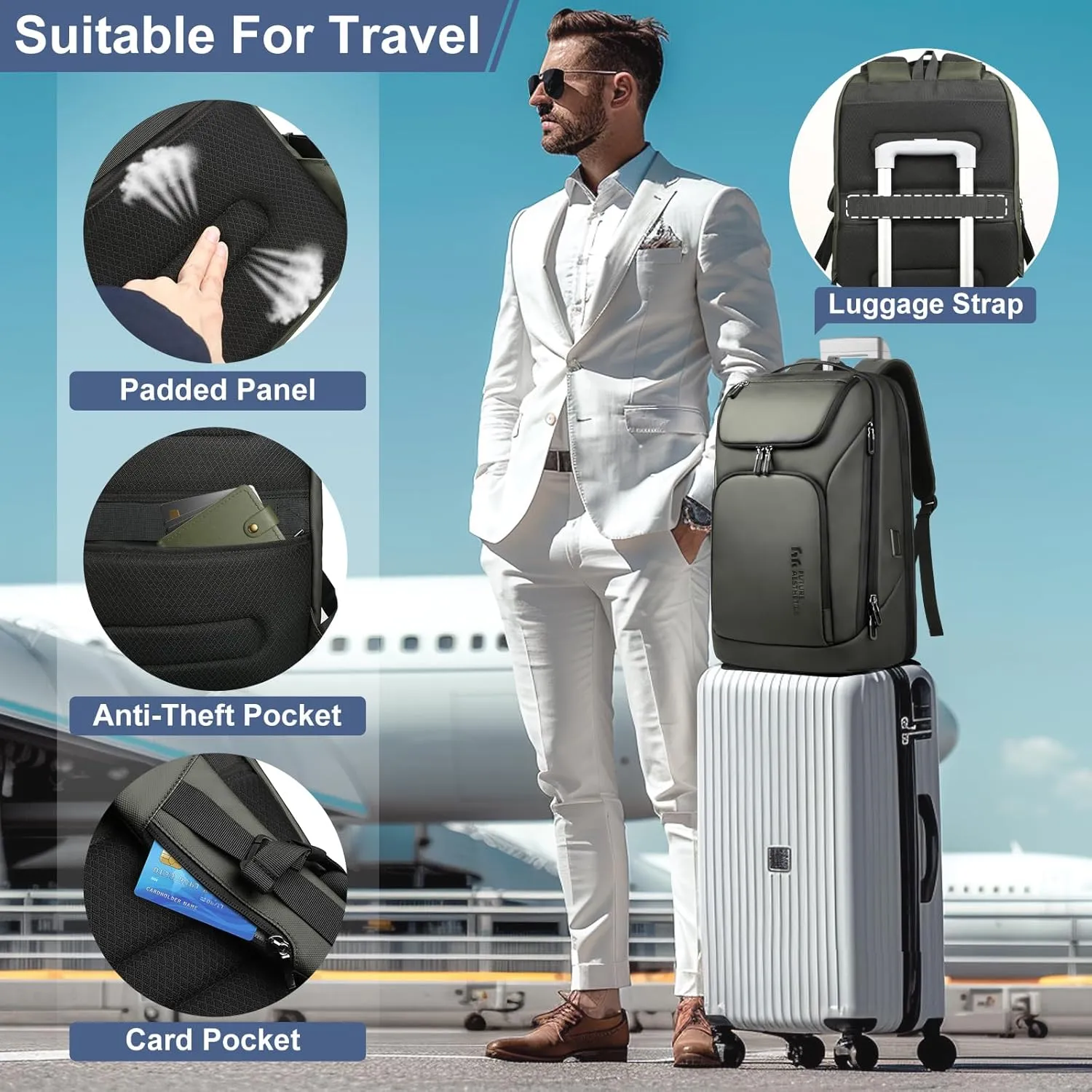 hk Business Smart Backpack for Men Anti-Theft for 17.3 Inch Laptop with USB Charging Port Water-Resistant Large Durable Compact 30L for Travel College Work-Green