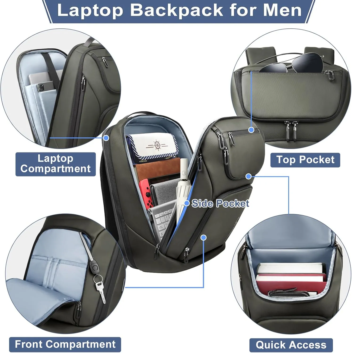 hk Business Smart Backpack for Men Anti-Theft for 17.3 Inch Laptop with USB Charging Port Water-Resistant Large Durable Compact 30L for Travel College Work-Green