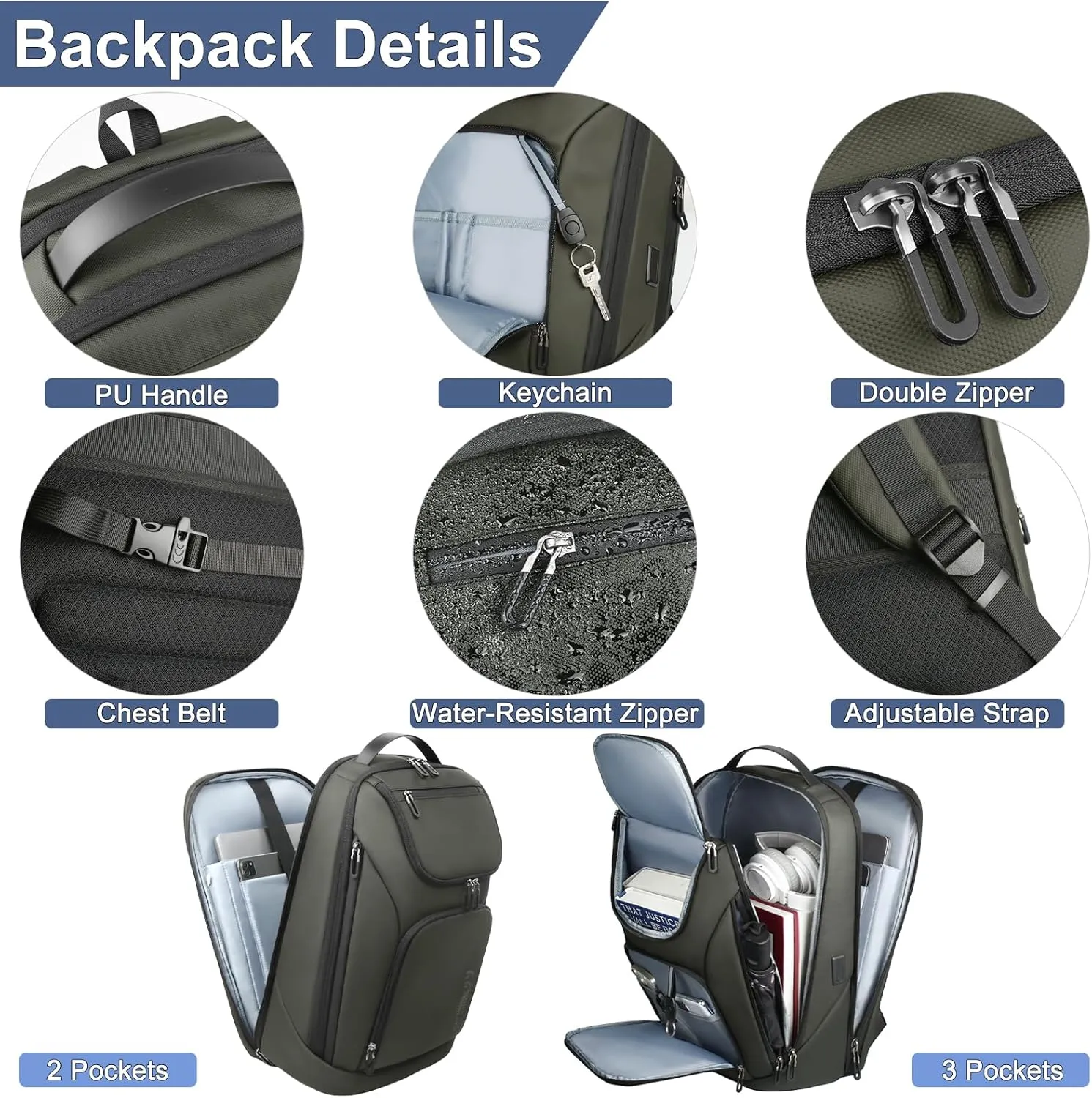 hk Business Smart Backpack for Men Anti-Theft for 17.3 Inch Laptop with USB Charging Port Water-Resistant Large Durable Compact 30L for Travel College Work-Green