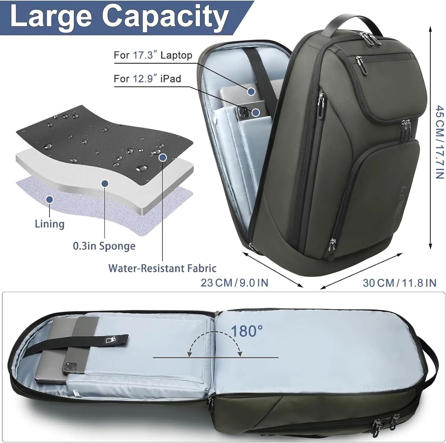 hk Business Smart Backpack for Men Anti-Theft for 17.3 Inch Laptop with USB Charging Port Water-Resistant Large Durable Compact 30L for Travel College Work-Green