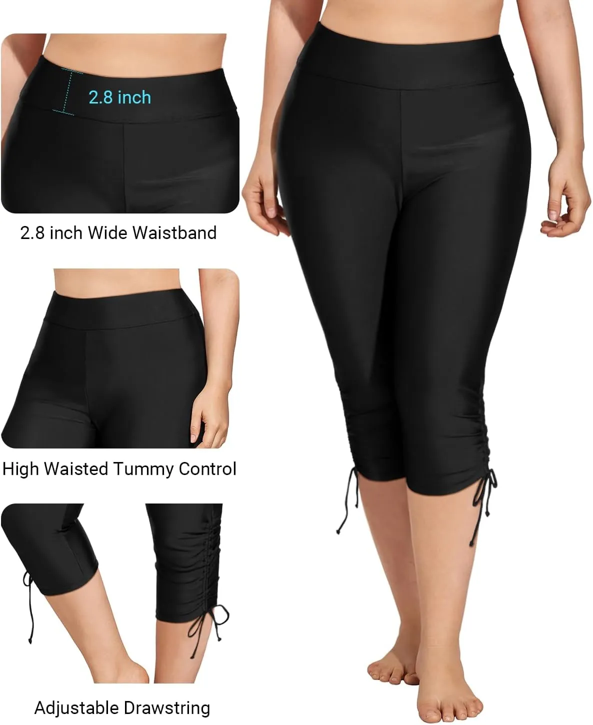 Holipick Womens Plus Size Swim Capris High Waisted Swim Pants Drawstring UPF50  Long Swim Shorts
