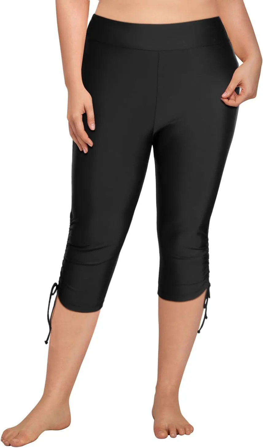 Holipick Womens Plus Size Swim Capris High Waisted Swim Pants Drawstring UPF50  Long Swim Shorts