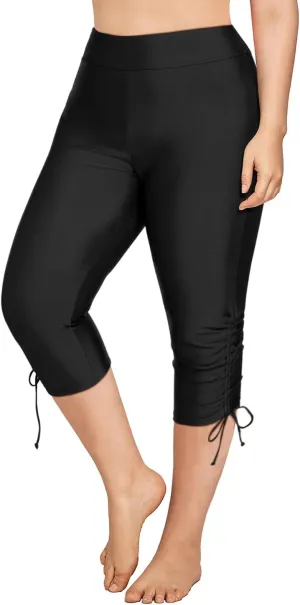 Holipick Womens Plus Size Swim Capris High Waisted Swim Pants Drawstring UPF50  Long Swim Shorts