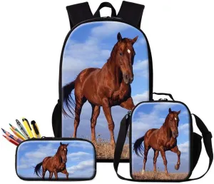 Horse Backpack and Cooler Bag for Boys Animal Print School Bookbag Girls Satchel Bagpack Pencil Case