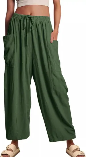 HOTIAN Women Wide Leg Pants Summer Casual Beach Loose Fit Drawstring Palazzo Harem Pant with Pockets