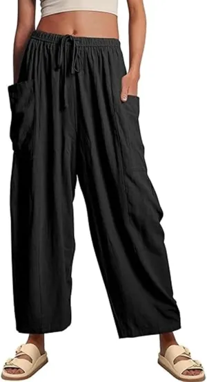 HOTIAN Women Wide Leg Pants Summer Casual Beach Loose Fit Drawstring Palazzo Harem Pant with Pockets
