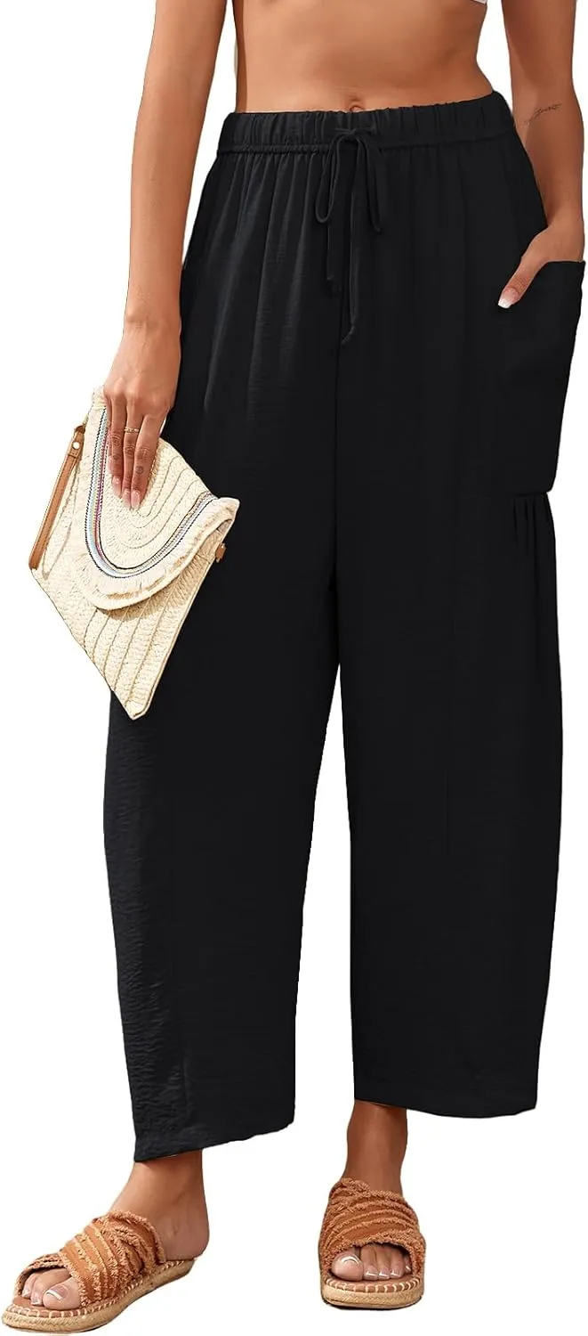 HOTIAN Women Wide Leg Pants Summer Casual Beach Loose Fit Drawstring Palazzo Harem Pant with Pockets