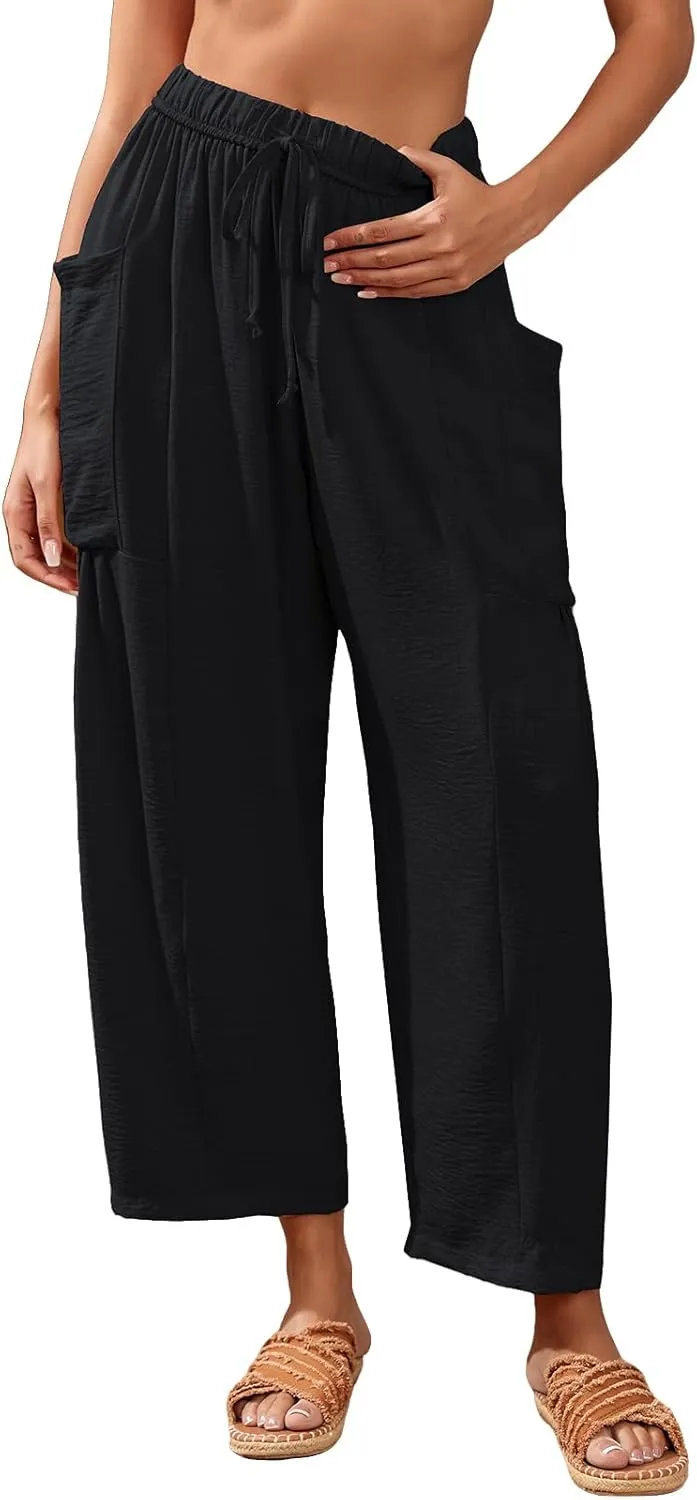 HOTIAN Women Wide Leg Pants Summer Casual Beach Loose Fit Drawstring Palazzo Harem Pant with Pockets