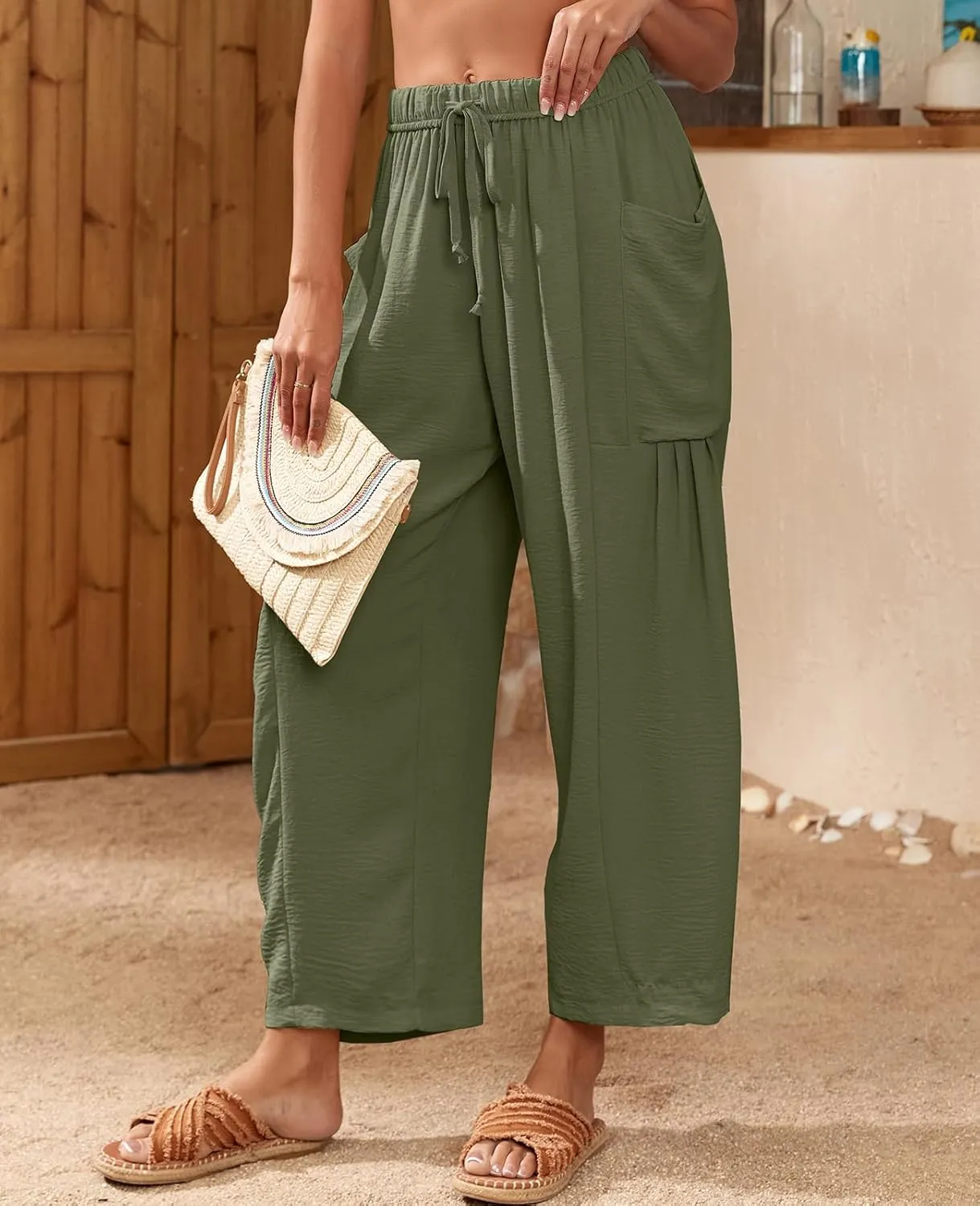 HOTIAN Women Wide Leg Pants Summer Casual Beach Loose Fit Drawstring Palazzo Harem Pant with Pockets