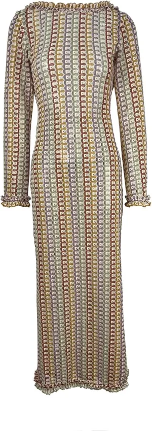 HOULENGS Women's 2025 Sexy Backless Crew Neck Hollow Out Maxi Dress Bell Long Sleeve Striped Boho Long Dress
