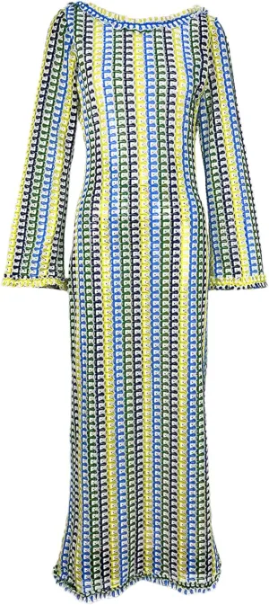 HOULENGS Women's 2025 Sexy Backless Crew Neck Hollow Out Maxi Dress Bell Long Sleeve Striped Boho Long Dress