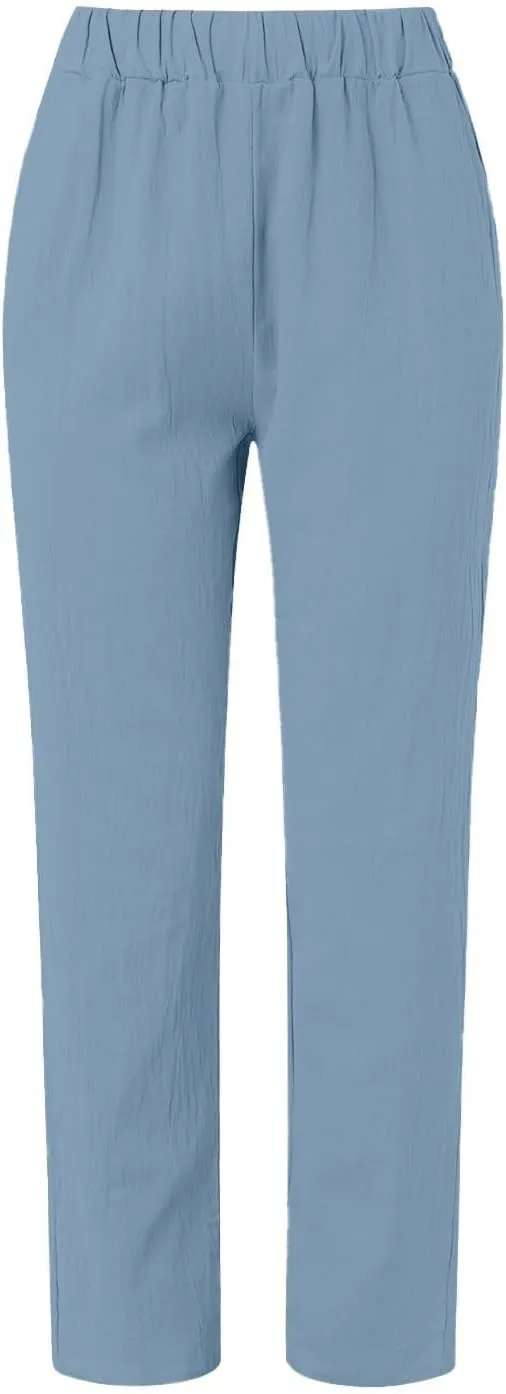HXHYQKP Summer Pants for Women Casual Pants Stripe Print Side Button Trendy Pants Elastic Waist Straight Leg Trousers