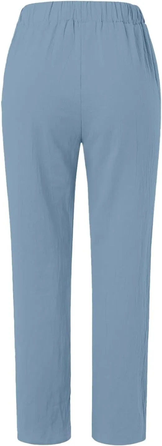 HXHYQKP Summer Pants for Women Casual Pants Stripe Print Side Button Trendy Pants Elastic Waist Straight Leg Trousers