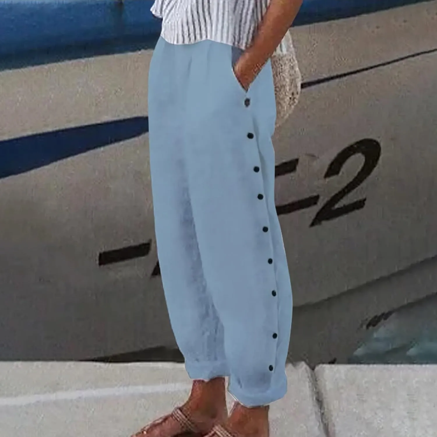 HXHYQKP Summer Pants for Women Casual Pants Stripe Print Side Button Trendy Pants Elastic Waist Straight Leg Trousers