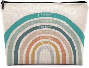 I am Kind Smart Brave Watercolor Boho Rainbow Cosmetic Bag, Inspirational Quote Makeup Bag Zipper Cosmetic Pouch Bag Travel Linen Makeup Organizer,Positive Affirmation Gifts for Teen Girls Women