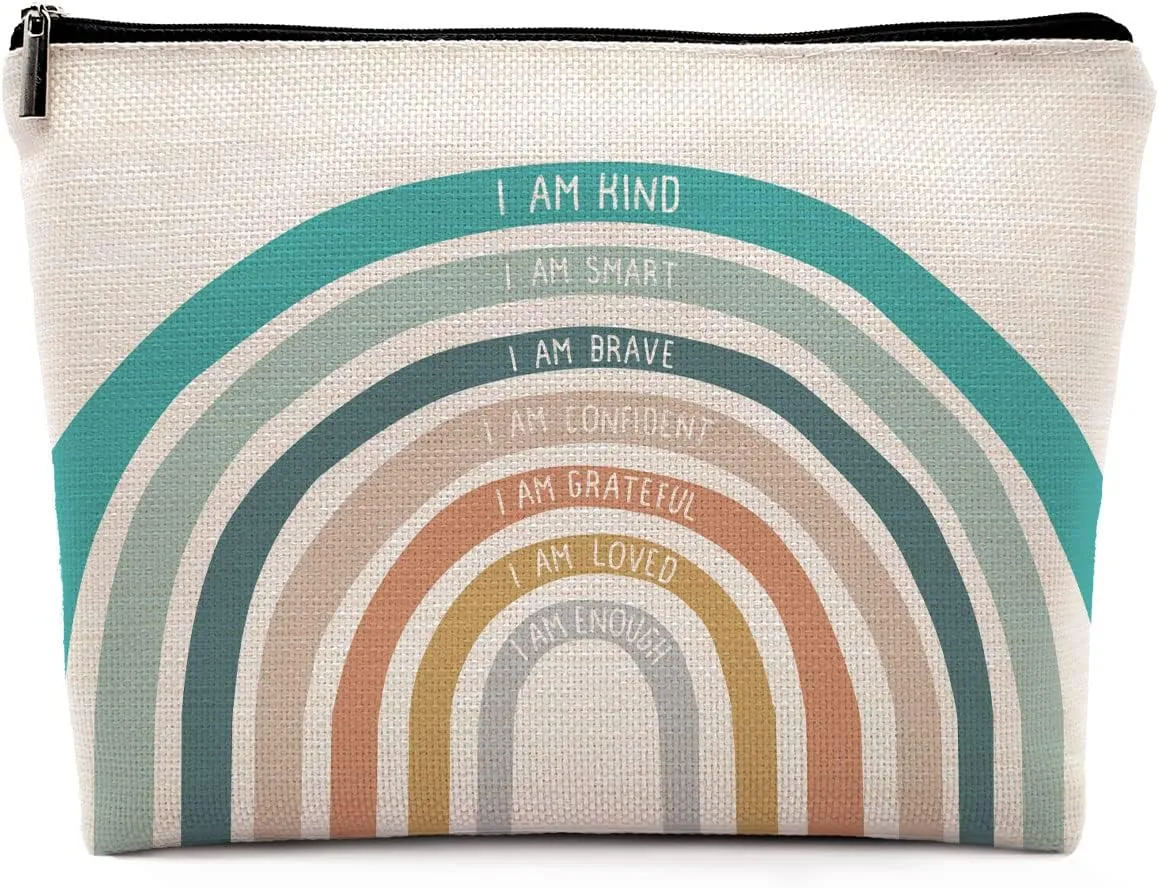 I am Kind Smart Brave Watercolor Boho Rainbow Cosmetic Bag, Inspirational Quote Makeup Bag Zipper Cosmetic Pouch Bag Travel Linen Makeup Organizer,Positive Affirmation Gifts for Teen Girls Women