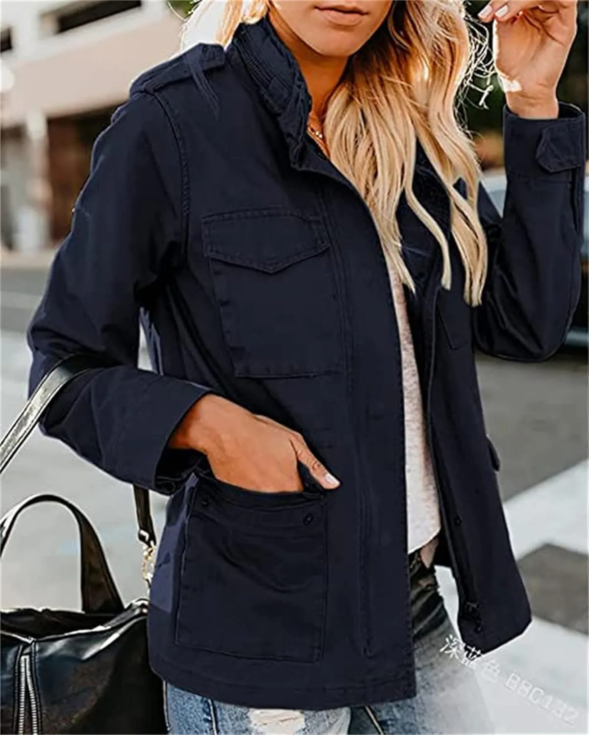 IVERIRMIN Women's Military Jacket Lightweight Zip Up Snap Buttons Utility Cargo Anorak with Pockets Safari Coat Outwear