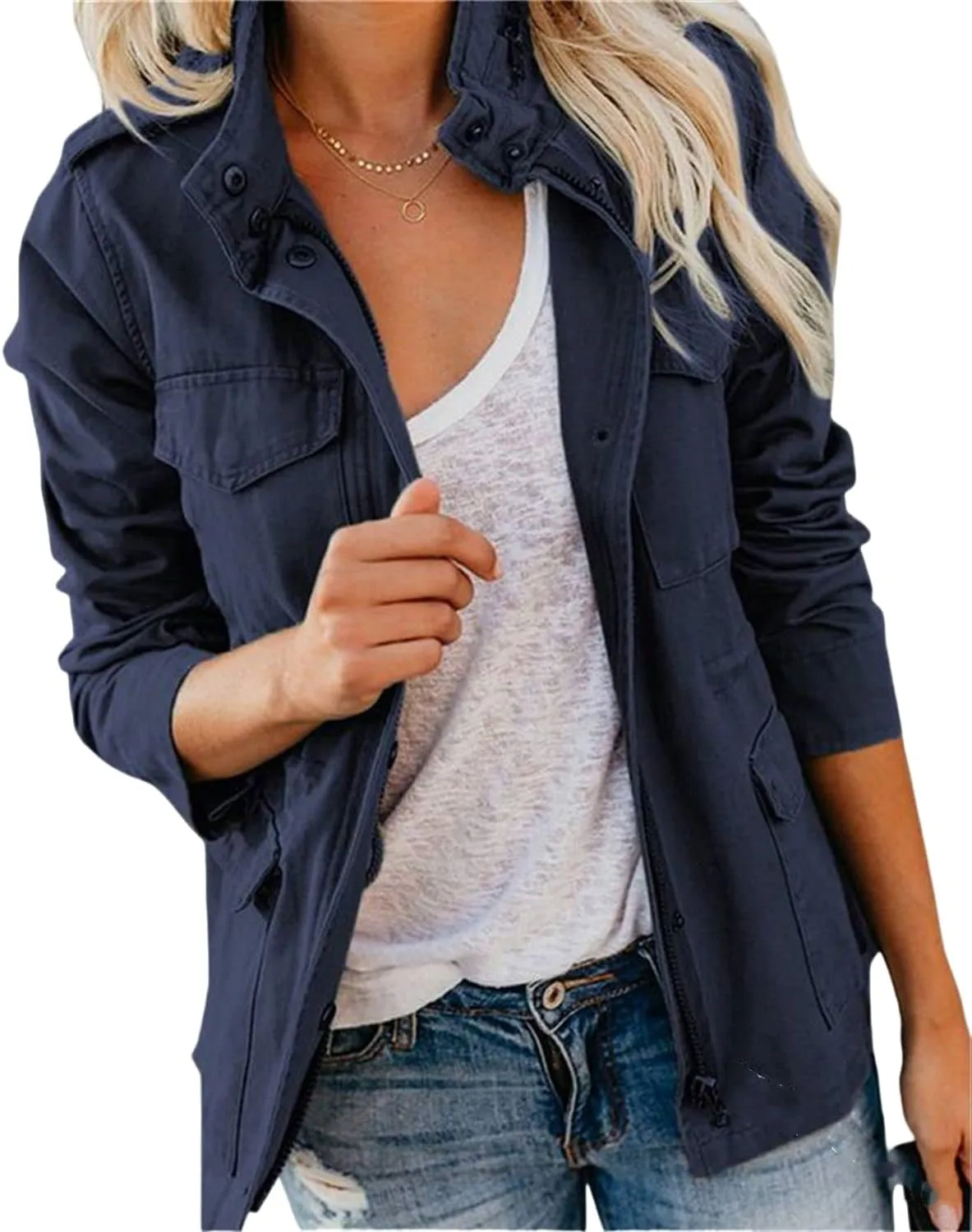 IVERIRMIN Women's Military Jacket Lightweight Zip Up Snap Buttons Utility Cargo Anorak with Pockets Safari Coat Outwear