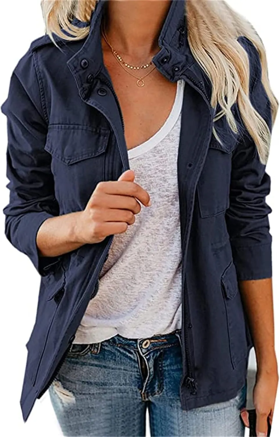 IVERIRMIN Women's Military Jacket Lightweight Zip Up Snap Buttons Utility Cargo Anorak with Pockets Safari Coat Outwear