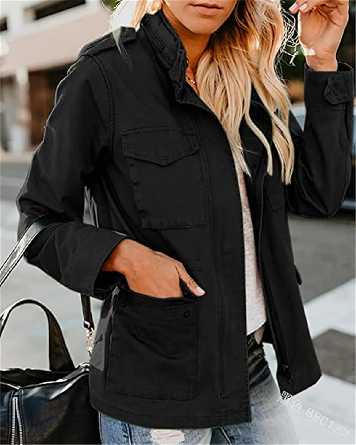 IVERIRMIN Women's Military Jacket Lightweight Zip Up Snap Buttons Utility Cargo Anorak with Pockets Safari Coat Outwear