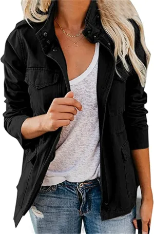 IVERIRMIN Women's Military Jacket Lightweight Zip Up Snap Buttons Utility Cargo Anorak with Pockets Safari Coat Outwear
