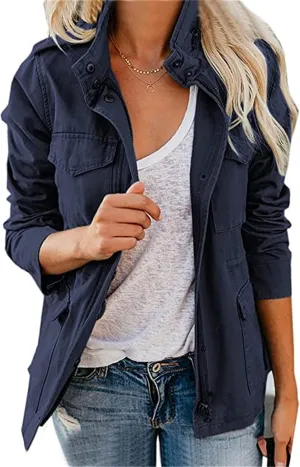 IVERIRMIN Women's Military Jacket Lightweight Zip Up Snap Buttons Utility Cargo Anorak with Pockets Safari Coat Outwear