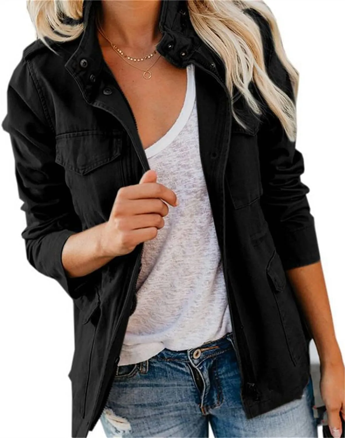 IVERIRMIN Women's Military Jacket Lightweight Zip Up Snap Buttons Utility Cargo Anorak with Pockets Safari Coat Outwear