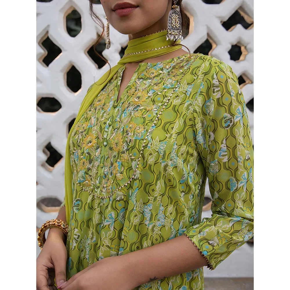 Janasya Green Yoke Embroidery Anarkali Kurta with Trousers and Dupatta (Set of 3)