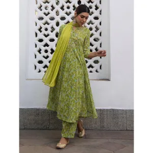 Janasya Green Yoke Embroidery Anarkali Kurta with Trousers and Dupatta (Set of 3)