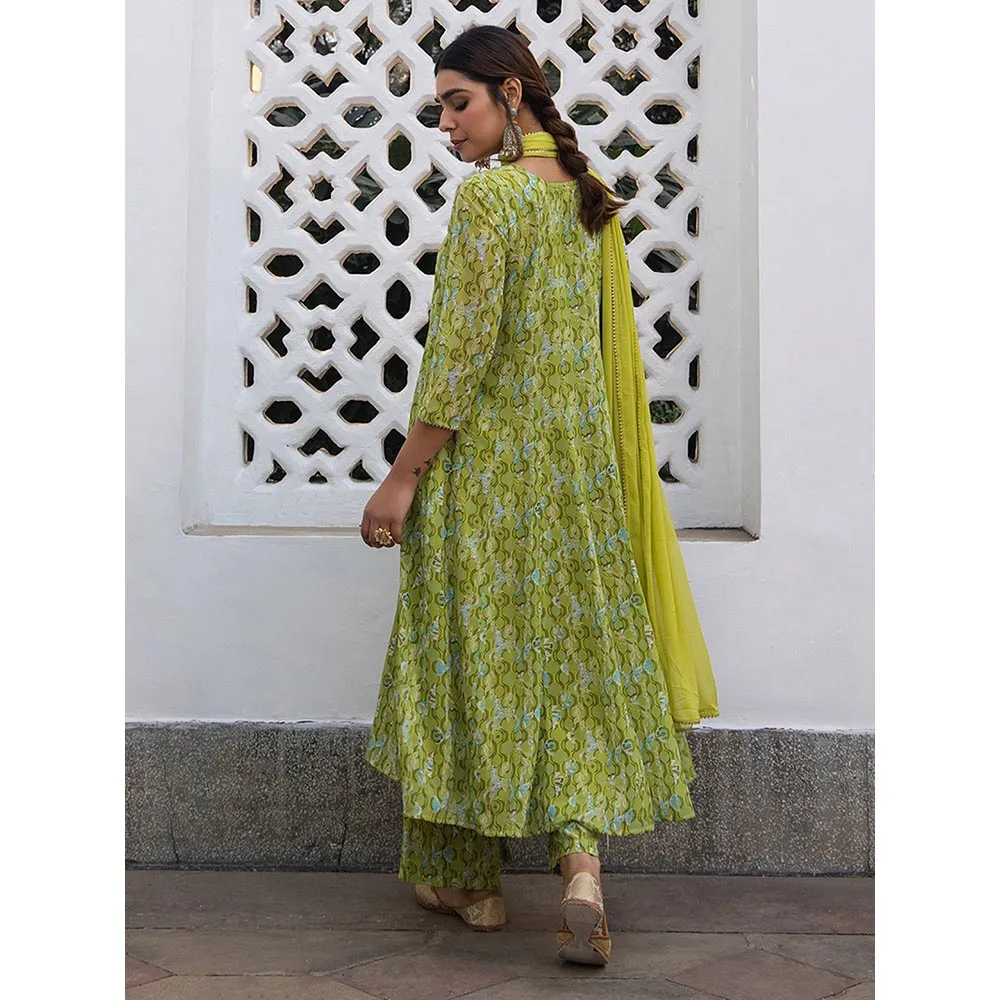 Janasya Green Yoke Embroidery Anarkali Kurta with Trousers and Dupatta (Set of 3)