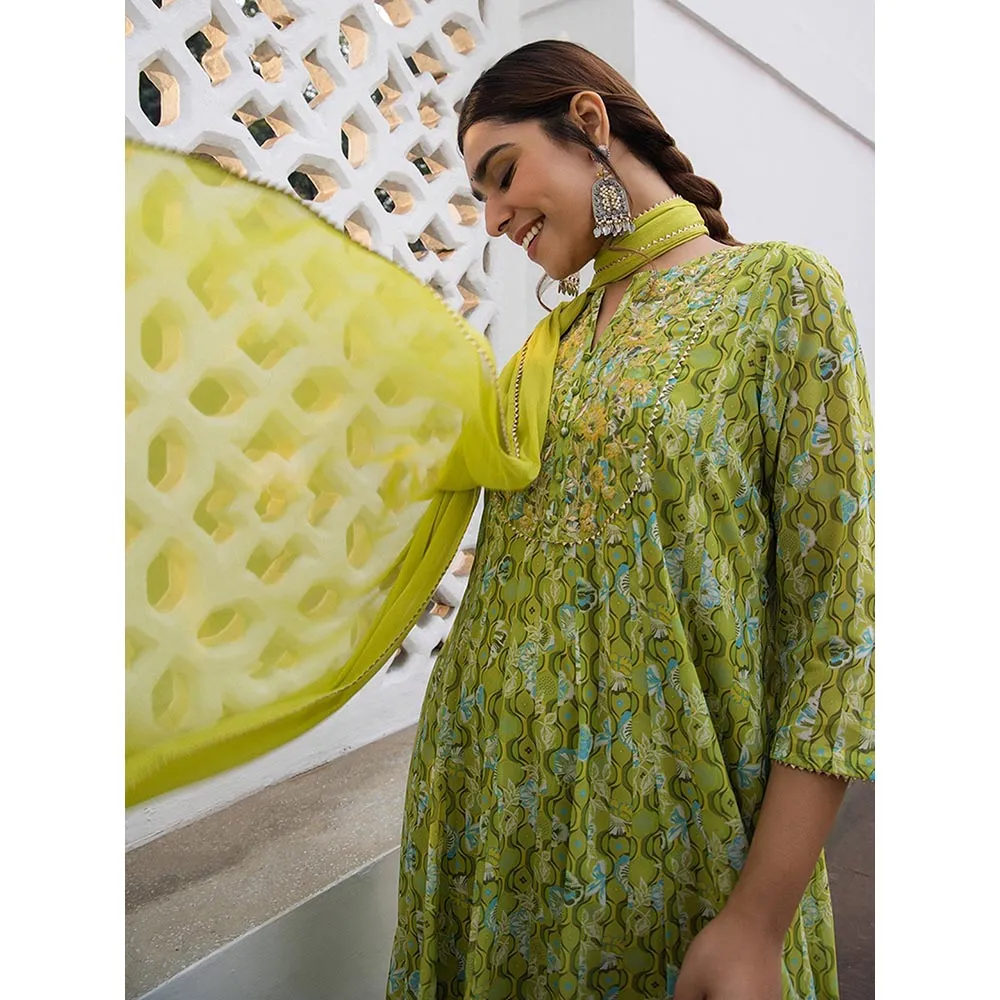 Janasya Green Yoke Embroidery Anarkali Kurta with Trousers and Dupatta (Set of 3)