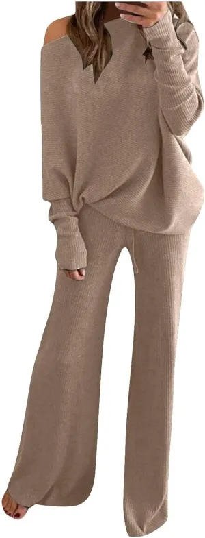 JOAU Women's 2 Piece Knit Loungewear Outfits Off Shoulder Long Sleeve Pullover Sweater Drawstring Wide Leg Long Pants Set