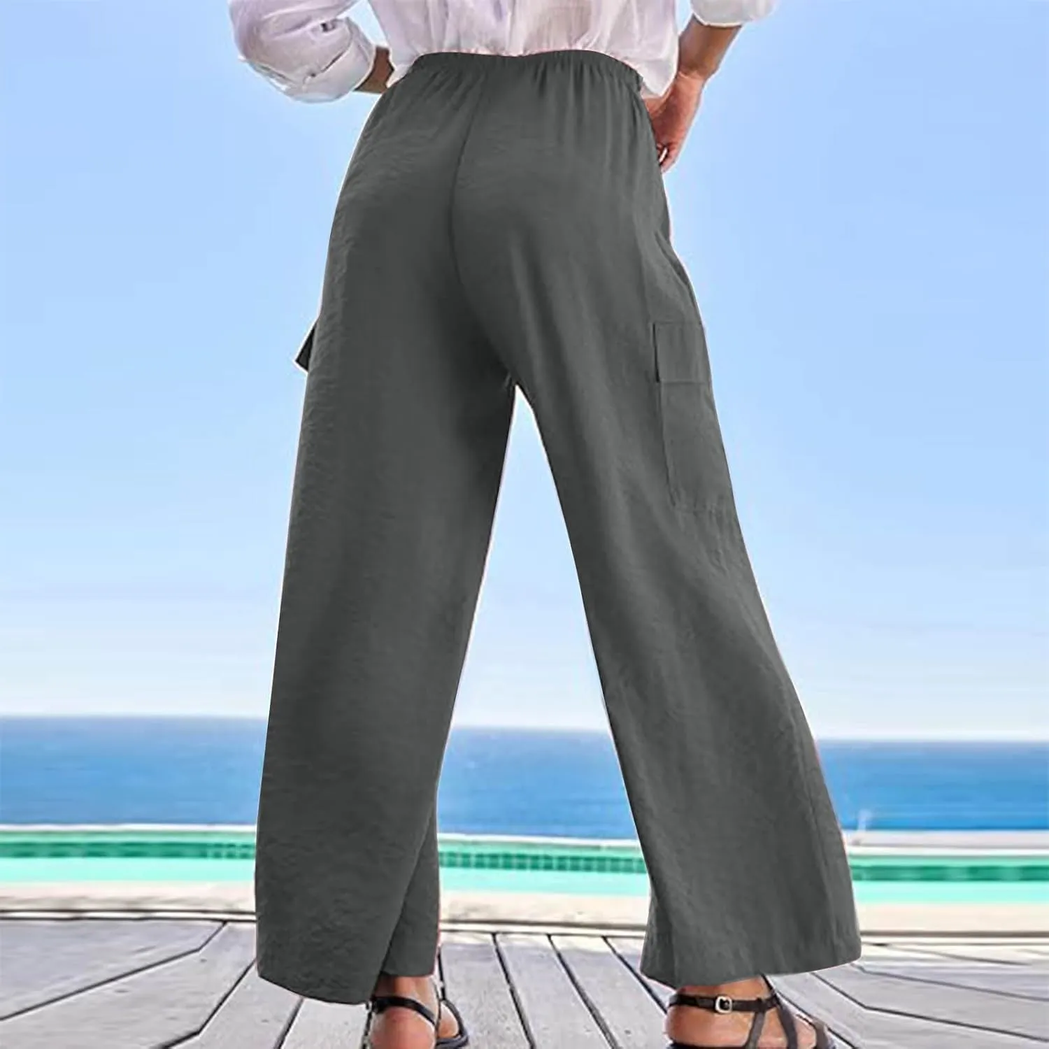 jovati High Waist Pants for Womens Linen Wide Leg Drawstring Waist Trousers Boho Business Casual Pants with Pockets