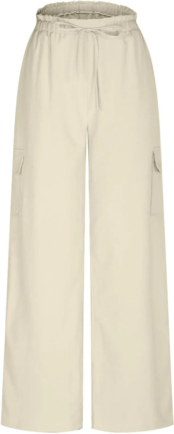 jovati High Waist Pants for Womens Linen Wide Leg Drawstring Waist Trousers Boho Business Casual Pants with Pockets