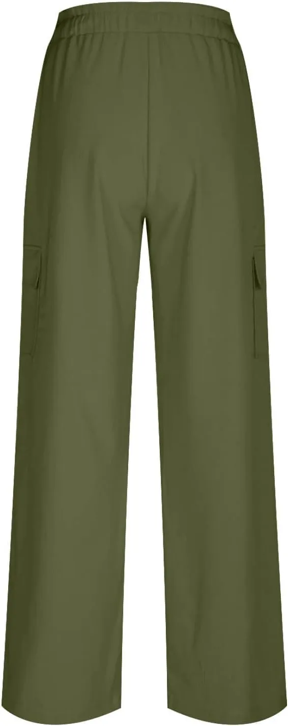 jovati High Waist Pants for Womens Linen Wide Leg Drawstring Waist Trousers Boho Business Casual Pants with Pockets