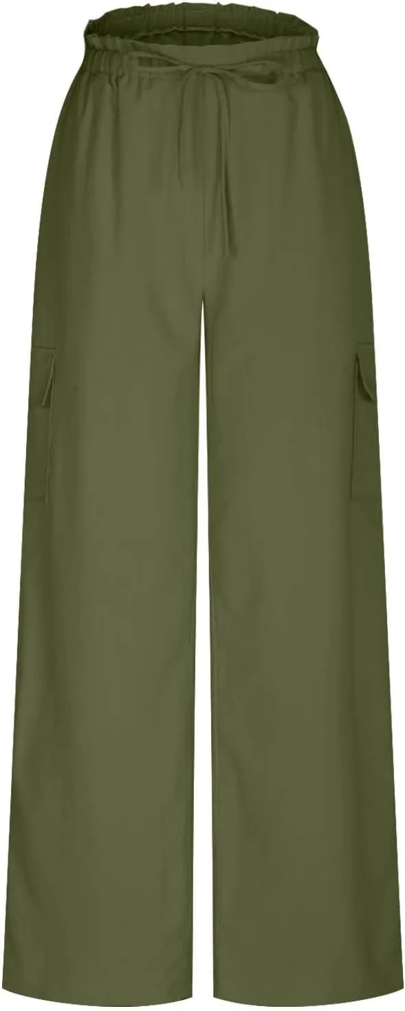 jovati High Waist Pants for Womens Linen Wide Leg Drawstring Waist Trousers Boho Business Casual Pants with Pockets