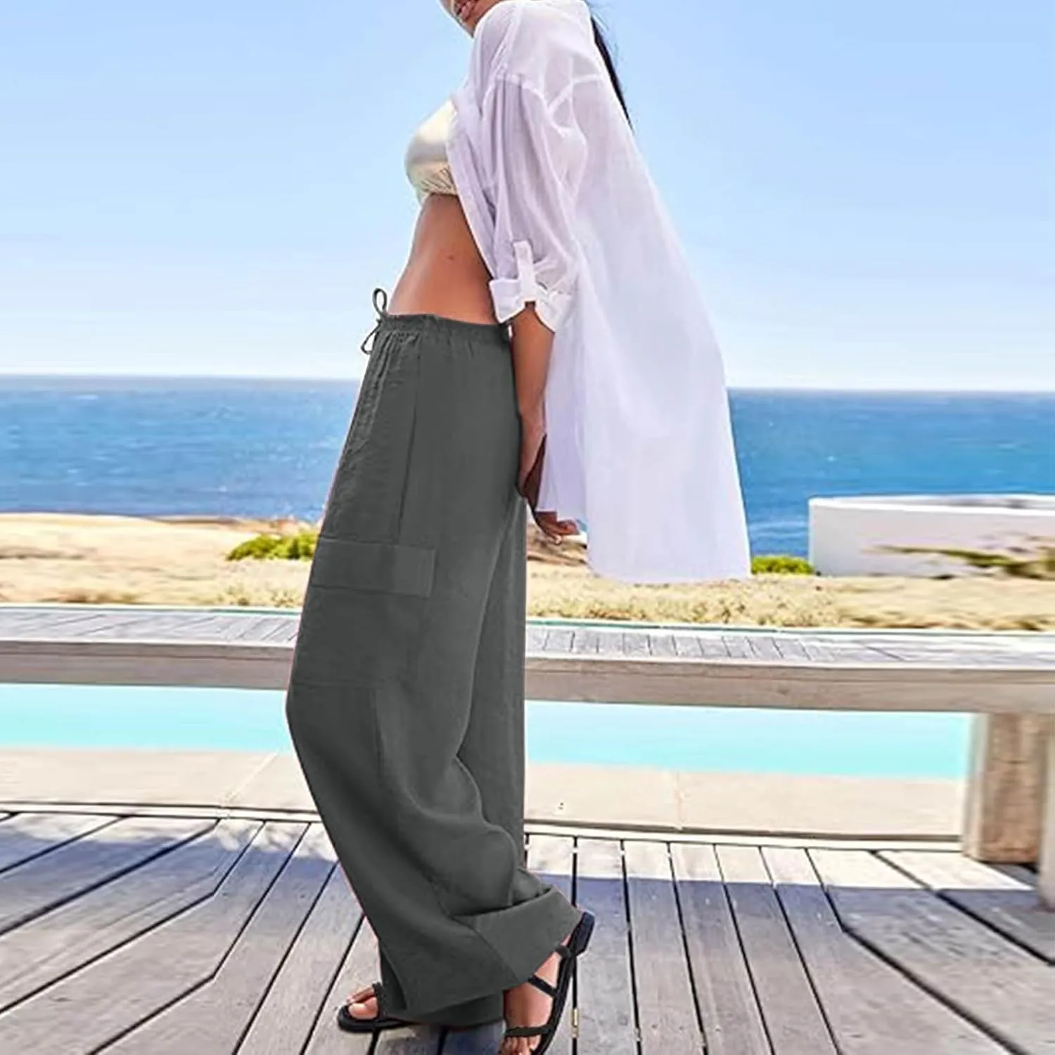 jovati High Waist Pants for Womens Linen Wide Leg Drawstring Waist Trousers Boho Business Casual Pants with Pockets