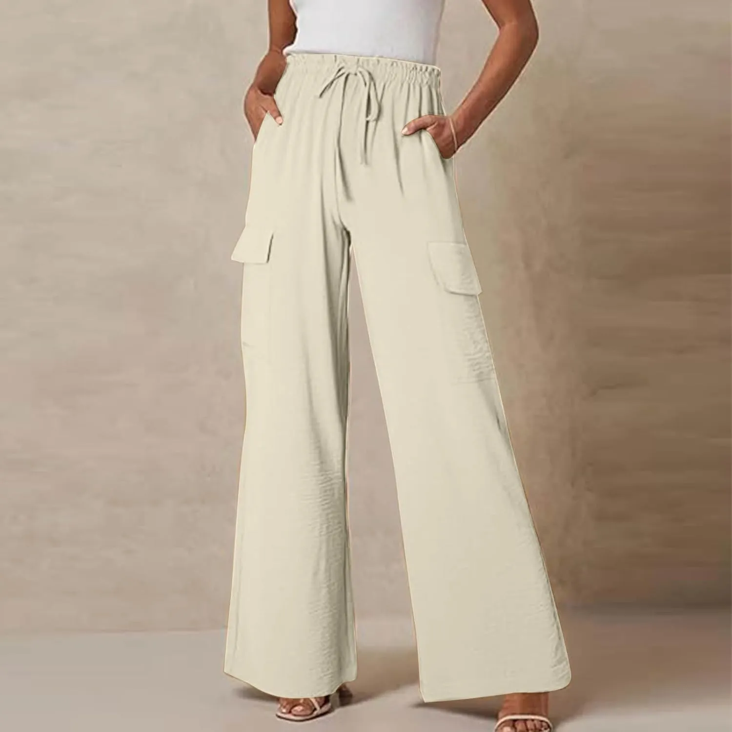 jovati High Waist Pants for Womens Linen Wide Leg Drawstring Waist Trousers Boho Business Casual Pants with Pockets
