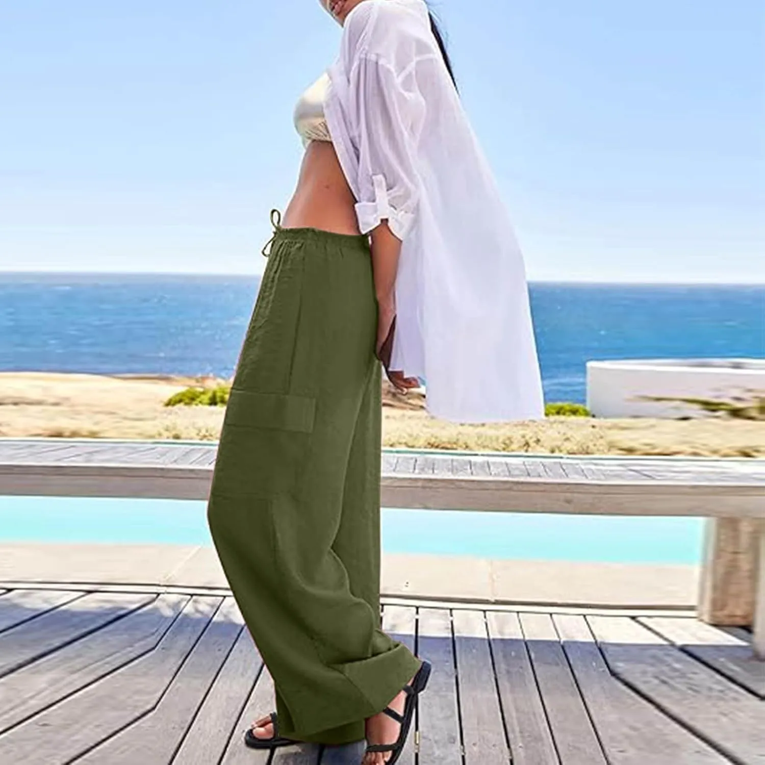 jovati High Waist Pants for Womens Linen Wide Leg Drawstring Waist Trousers Boho Business Casual Pants with Pockets