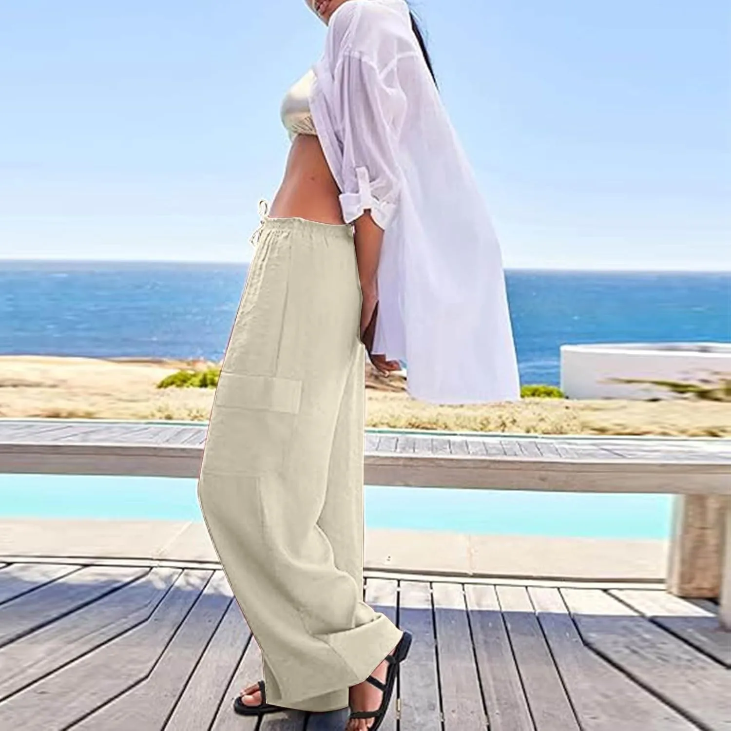 jovati High Waist Pants for Womens Linen Wide Leg Drawstring Waist Trousers Boho Business Casual Pants with Pockets