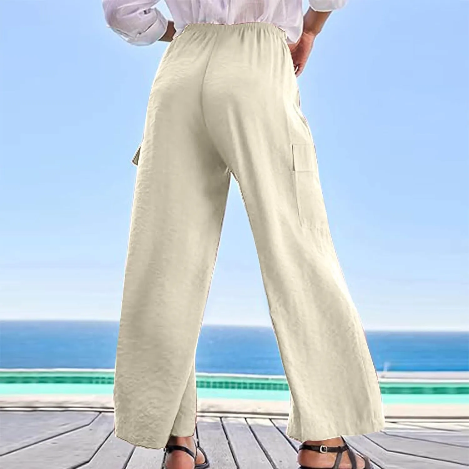 jovati High Waist Pants for Womens Linen Wide Leg Drawstring Waist Trousers Boho Business Casual Pants with Pockets