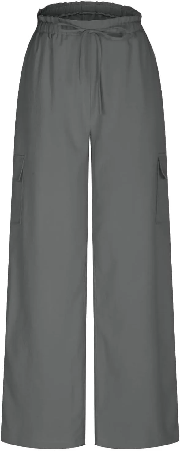 jovati High Waist Pants for Womens Linen Wide Leg Drawstring Waist Trousers Boho Business Casual Pants with Pockets