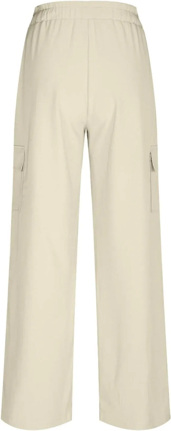 jovati High Waist Pants for Womens Linen Wide Leg Drawstring Waist Trousers Boho Business Casual Pants with Pockets