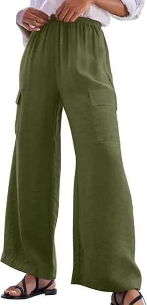 jovati High Waist Pants for Womens Linen Wide Leg Drawstring Waist Trousers Boho Business Casual Pants with Pockets