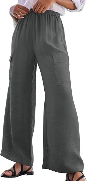 jovati High Waist Pants for Womens Linen Wide Leg Drawstring Waist Trousers Boho Business Casual Pants with Pockets