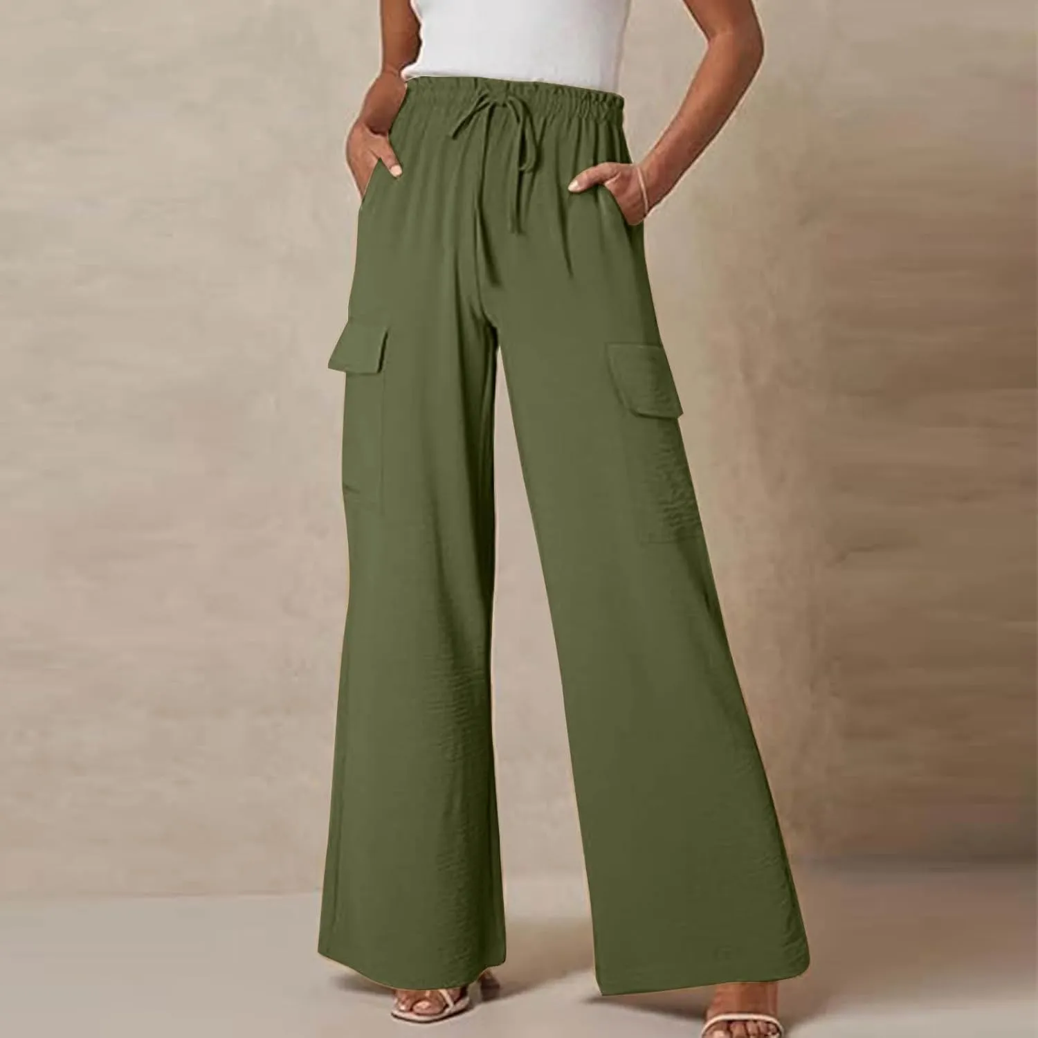 jovati High Waist Pants for Womens Linen Wide Leg Drawstring Waist Trousers Boho Business Casual Pants with Pockets