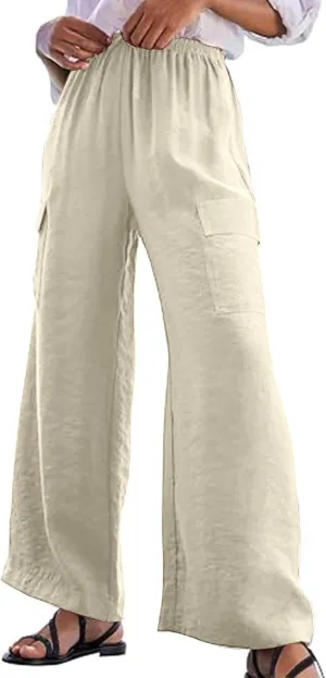 jovati High Waist Pants for Womens Linen Wide Leg Drawstring Waist Trousers Boho Business Casual Pants with Pockets